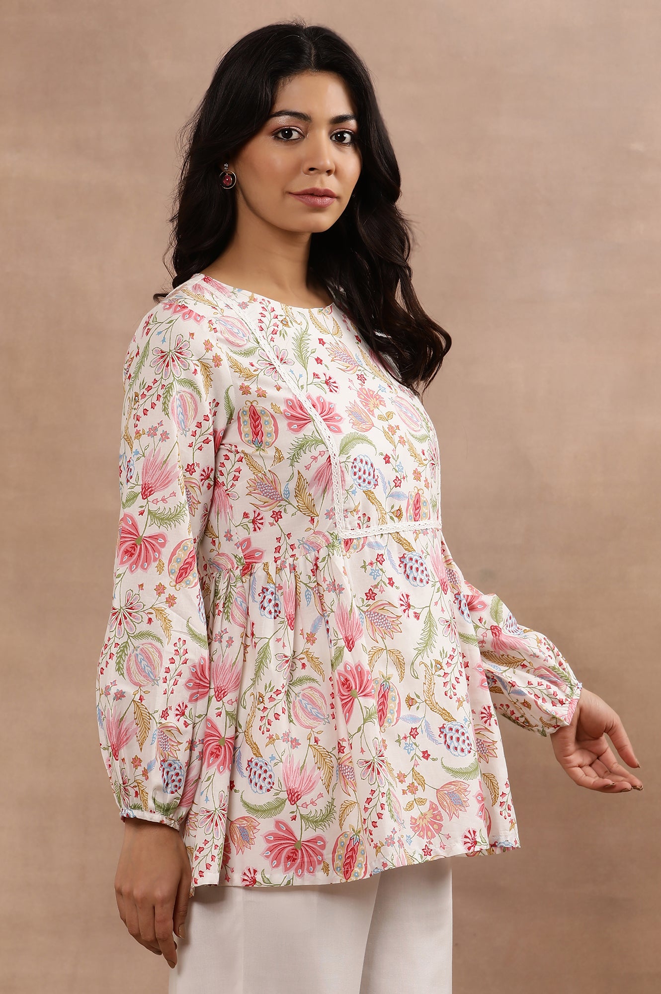 White Floral Printed Pure Cotton Top And Parallel Pants Set